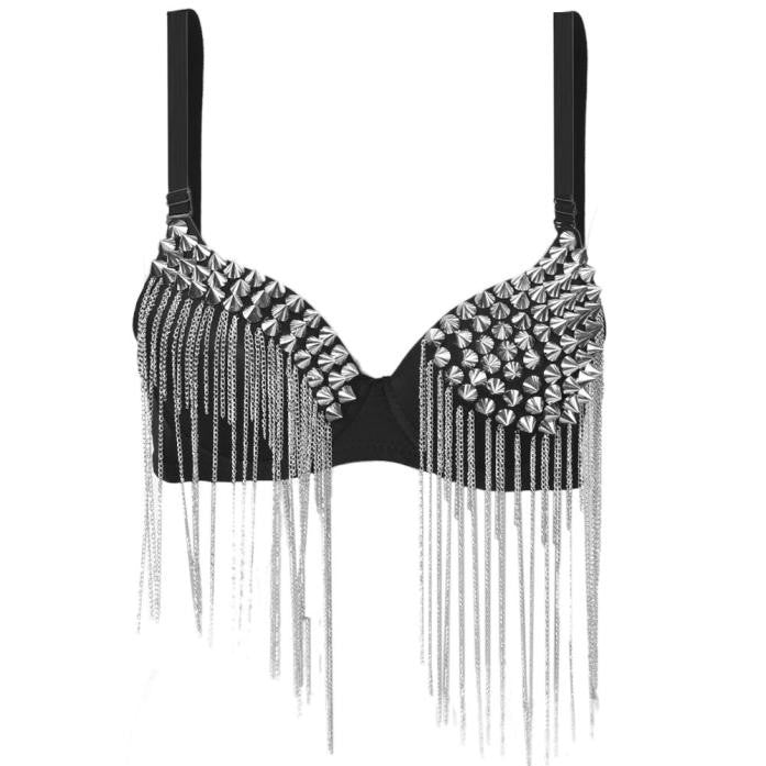 Sexy Bras Women Party All-over Spike Rivet Tassels Metallic Punk Dance Bra L